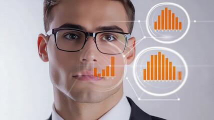 Analyzing Data: A focused, well-groomed individual, sporting spectacles, engages with data visualization, highlighting precision and innovation in a technological landscape. - Powered by Adobe