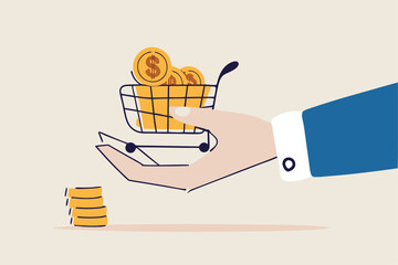 Bargain business deal for buyer and seller, best price shopping, stock for investor or consumer and marketing concept, dollar gold coins in shopping cart or trolley in businessman hand.