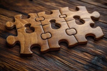 Close-up of partially assembled wooden puzzle pieces lying on a dark wooden surface showcasing natural textures and warm tones