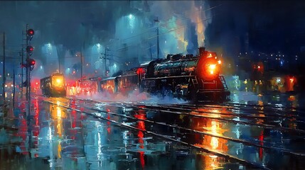 A nighttime train ride through a rainy city.