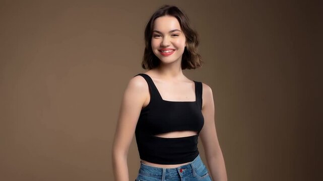 elegant smiling woman poses confidently in stylish black crop top and denim jeans in studio in slow motion