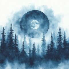 A mystical night forest with tall pine trees silhouetted against a large glowing full moon surrounded by a dark circular aura and misty blue atmosphere