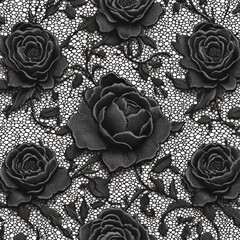 Detailed black lace fabric with intricate floral pattern featuring large roses and leaves on a fine netted background