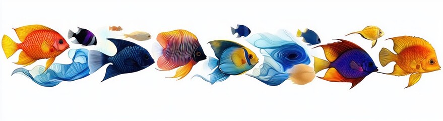 Colorful tropical fish of various species swimming in a line over a white background with flowing blue water elements