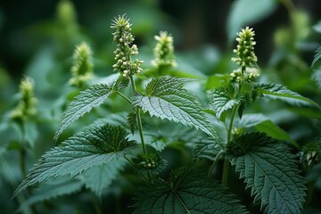 Close-up of green nettle plants with small clustered flowers in natural outdoor setting with soft lighting