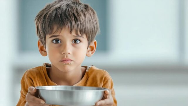 A Plea for Compassion: A young, impoverished child gazes with a poignant and hopeful expression while clutching an empty metal bowl, symbolizing hunger, need, and desperation.