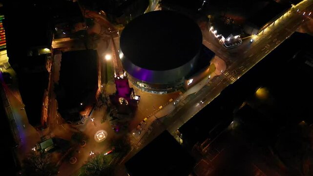 Aerial Night Footage of Illuminated Historical Coventry City Centre of England, Great Britain. Drone Camera Footage Was Captured on April 8th, 2024