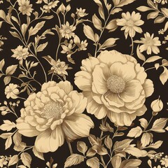 intricate vintage floral pattern with detailed blooming flowers and leaves in sepia tones on a dark background creating an elegant and classic look