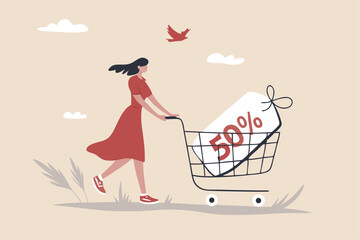 Sales discount online shopping, promotion or bargain retail purchase, e-commerce marketing or sales price tag concept, young woman with shopping cart trolley 50 percent discount price tag.
