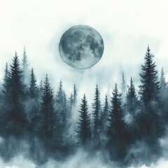 Misty forest scene with tall evergreen trees silhouetted under a large full moon in a foggy night atmosphere, evoking calm and mystery