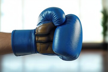 Close-up of a hand wearing a shiny blue boxing glove clenched into a fist with a blurred indoor background