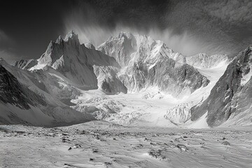 Majestic snow-covered mountain range with rugged peaks under dramatic cloudy sky in black and white