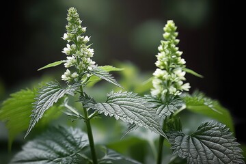 Close-up of green nettle plants with sharp serrated leaves and clusters of small white flowers in a natural outdoor setting