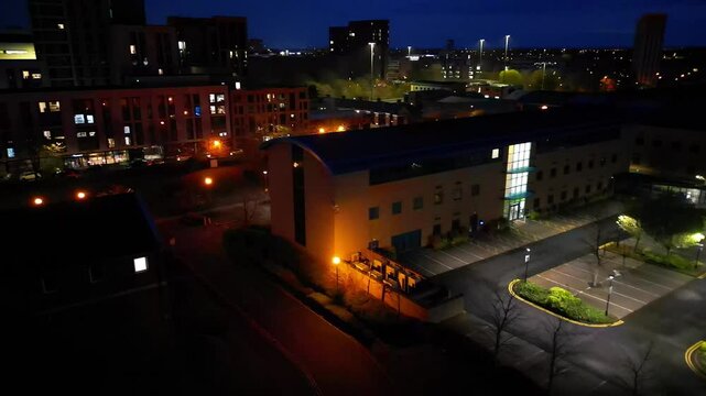 Aerial Night Footage of Illuminated Historical Coventry City Centre of England, Great Britain. Drone Camera Footage Was Captured on April 8th, 2024