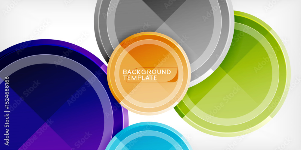 Poster Bright circles overlap, creating dynamic visual effect. Gradient colors blend, forming modern abstract background. Template text present.