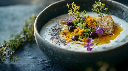 food, soup, vegetable, bowl, meal, healthy, dinner, dish, lunch, cream, rice, vegetarian, green, gourmet, white, delicious, cuisine, plate, meat, appetizer, chicken, broccoli, vegetables, salad, table