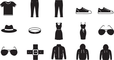 Clothing &mdash; shirt, pants, shoes, hat, dress, tie, sunglasses, belt, jacket, hoodie. icon sheet file black and white 