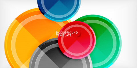 Abstract circles overlap, creating vibrant color gradients. Modern design elements suggest innovation, technology, energy. Clean background enhances visual impact.