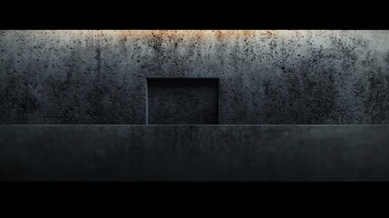 dark textured concrete wall with a recessed square opening and an adjacent darker horizontal surface creating a minimalist, somber atmosphere
