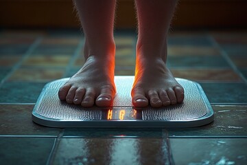 Bare feet standing on a digital bathroom scale displaying weight, illuminated with a warm glow on a tiled floor