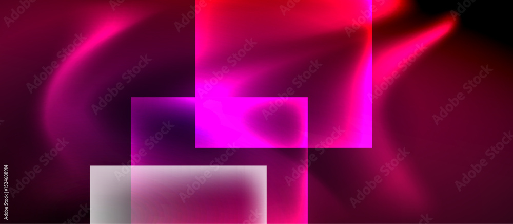 Poster Abstract composition featuring glowing rectangles, pink hues, dark background. Soft light creates dynamic visual effect.