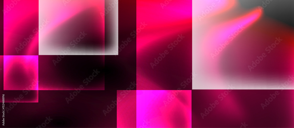 Poster Abstract composition features vibrant pink squares, rectangles, blurred edges. Dark background emphasizes glowing shapes, creating modern aesthetic.