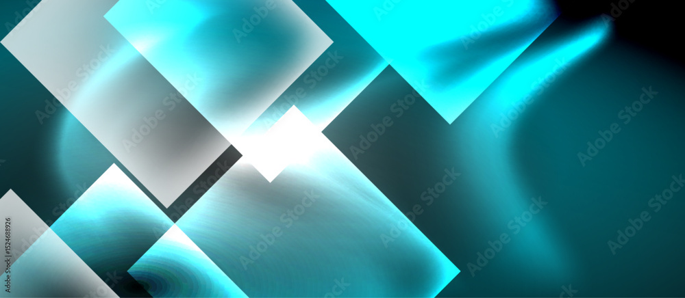 Poster Abstract geometric shapes, turquoise hues, dark background. Light radiates from central point, creating dynamic composition.