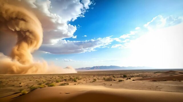 A massive dust devil sweeps through a barren desert landscape, towering column of sand and swirling clouds against a blue sky