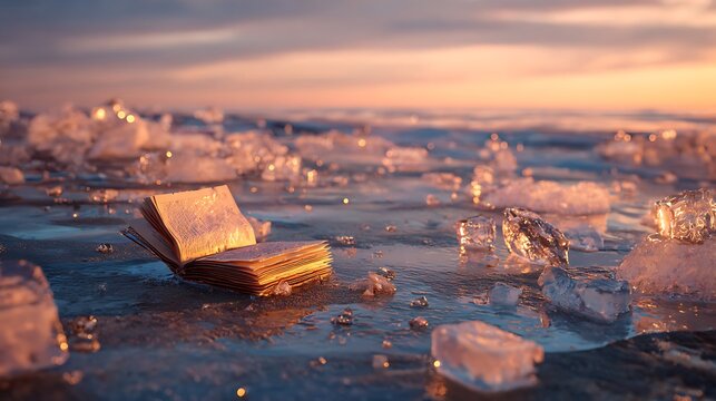Golden book on a frozen lake at sunset.
