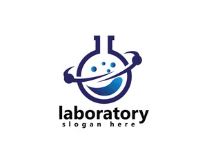 creative laboratory logo, lab flask with atoms around, logo design template