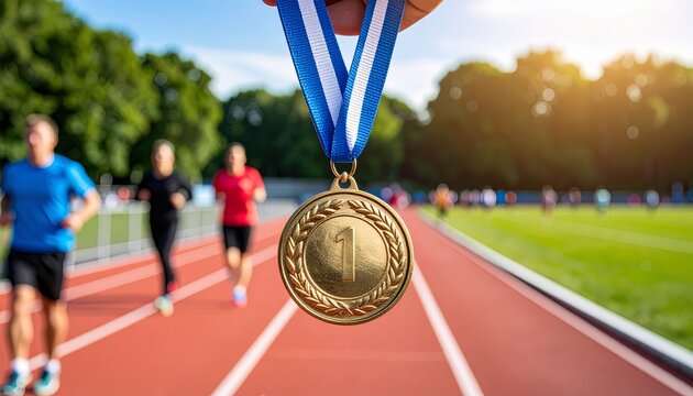 Triumphant athlete holds medal on track after winning race