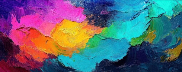 Fototapeta premium Abstract vibrant oil painting with swirling textured layers of purple, pink, yellow, orange, blue, green, and teal expressing energetic and dynamic motion