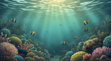This captivating underwater illustration showcases a vibrant and serene coral reef scene teeming with life. Bathed in gentle rays of sunlight filtering through the turquoise water, the image features 