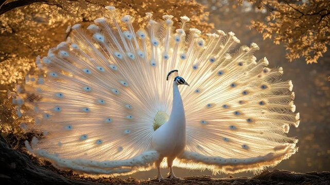Majestic white peacock displaying its radiant plumage in the golden light of dawn