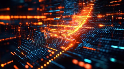 Abstract digital data flow with glowing orange and blue lines and dots creating a futuristic and dynamic technology network effect