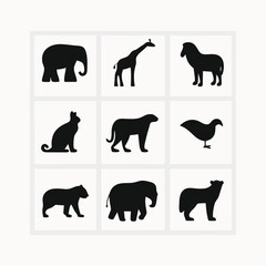 African Safari Animals Silhouette Icons Set of Nine Wildlife Creatures
