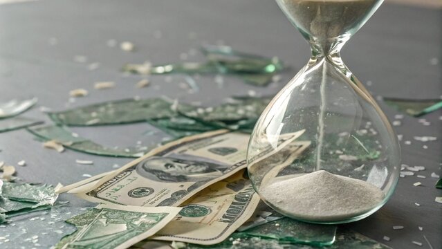 Money Bills Trapped Inside Broken Hourglass Representing Wealth Time Concept Suitable for Financial Philosophy Visuals