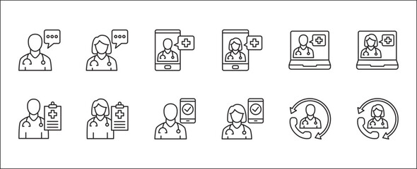 Healthcare icon set. Digital health care icon. Icon set contains hospital, online doctor, consultation, clinic, stethoscope, nurse, health insurance, family, emergency. Vector illustration