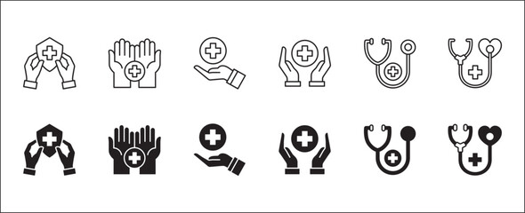 Healthcare icon set. Health insurance symbol. Doctor consultation apps icon. Icons set contains online doctor, hospital, medical consultant, medic, clinic, emergency call. Vector illustration