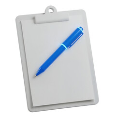 Blue pen resting on blank clipboard with transparent background