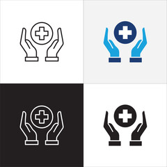 Healthcare icon set. Digital health care icon. Hands with cross medic symbol. Health insurance symbol. Icon symbol compatible for doctor, clinic, hospital, medical consultation. Vector illustration.