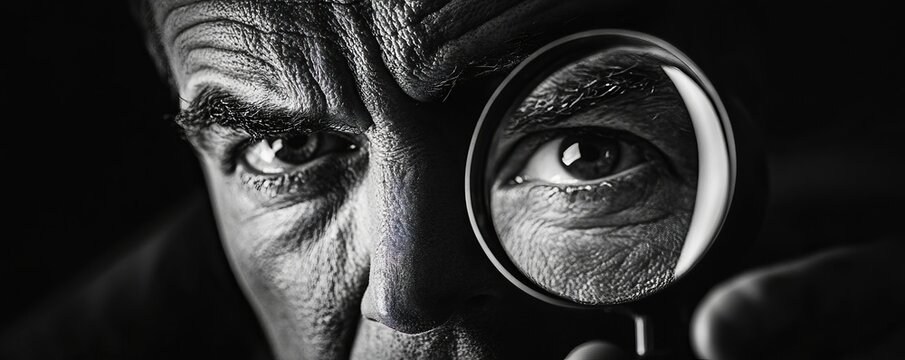 A mysterious detective peering intensely through a magnifying glass, his gaze sharp and focused in the dimly lit ambiance. This image captures the essence of observation and scrutiny.
