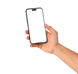 Close-up of hand holding modern smartphone with blank screen isolated.