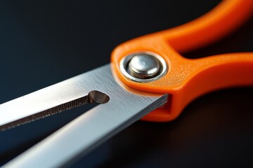 A sharp and modern close-up of scissors, highlighting the tool's precision and design. The vivid orange handles pop against the dark background.