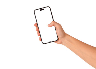 Close-up of hand holding modern smartphone with blank screen isolated.