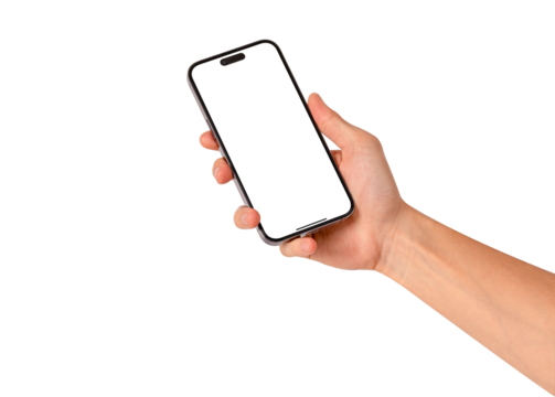 Close-up of hand holding modern smartphone with blank screen isolated.