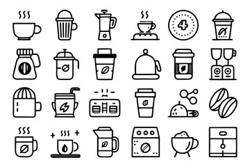 Collection of line icons depicting coffee maker machine and beans isolated on transparent background