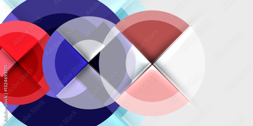 Poster abstract composition featuring overlapping circles, squares, vibrant colors. minimalist design with 