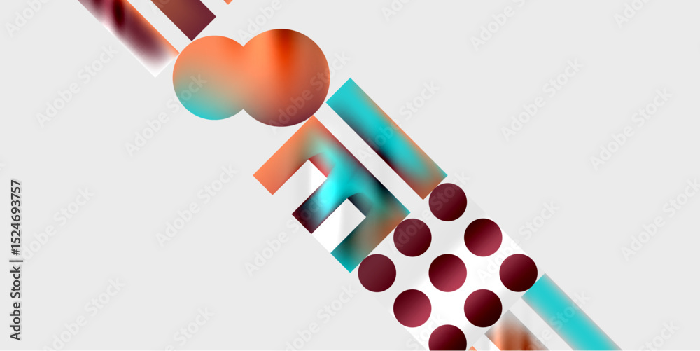 Poster Abstract composition featuring colorful geometric shapes. Circles, rectangles, lines create dynamic diagonal arrangement on gray background.