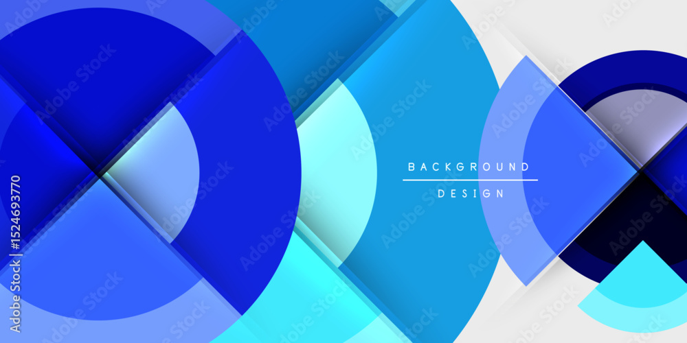 Poster abstract blue design features overlapping circles, squares. modern aesthetic, clean lines, gradient 